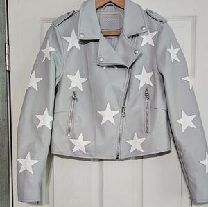 Blank NYC Light Gray Leather Jacket with White Stars